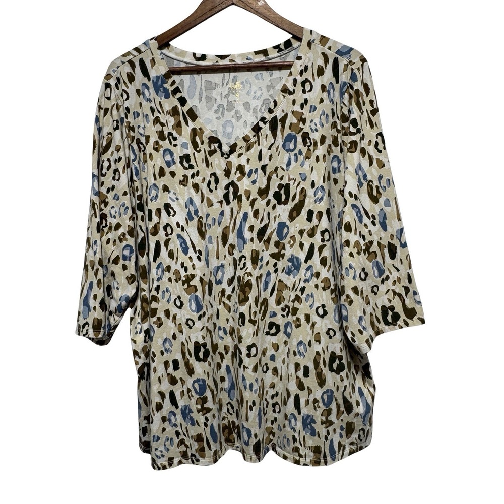 Belle Kim Gravel Tunic Womens 3X Brown Blue Animal Print 3/4 Sleeve TShirt